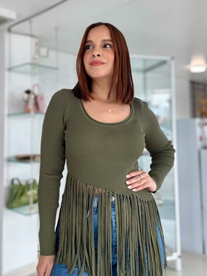 Long Sleeve Fringe Olive Top