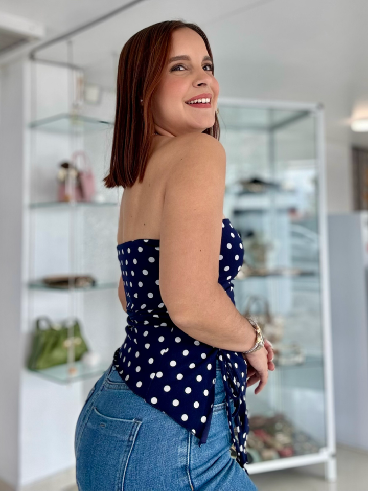 Navy Strapless Polka Dots Top