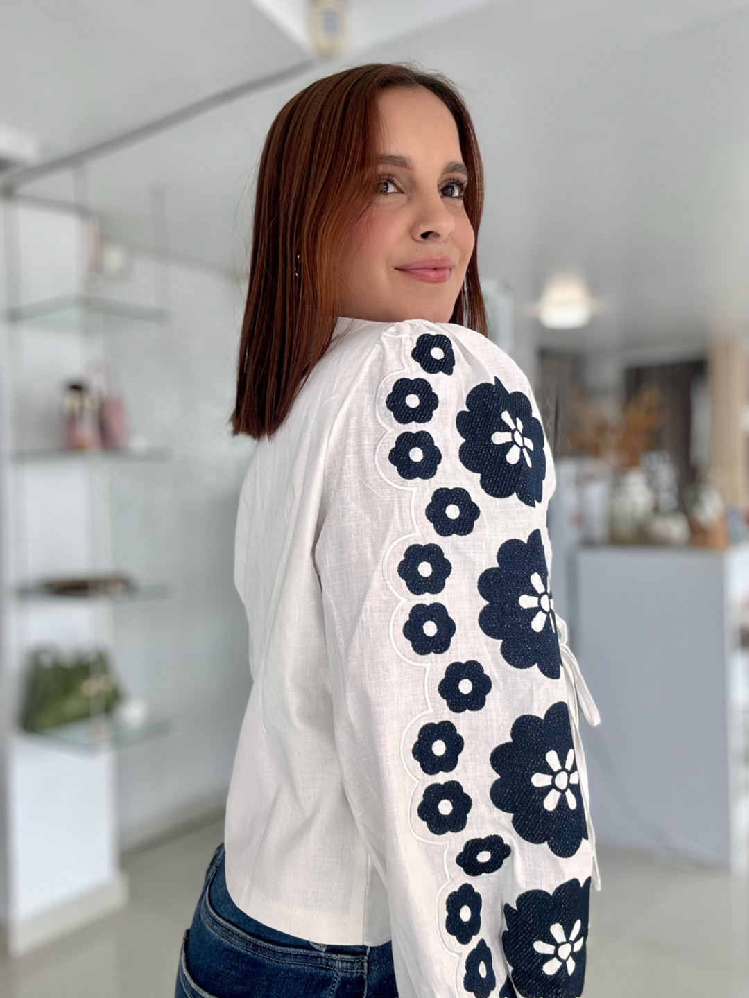 Scalloped Long Sleeve Blouse White & Navy