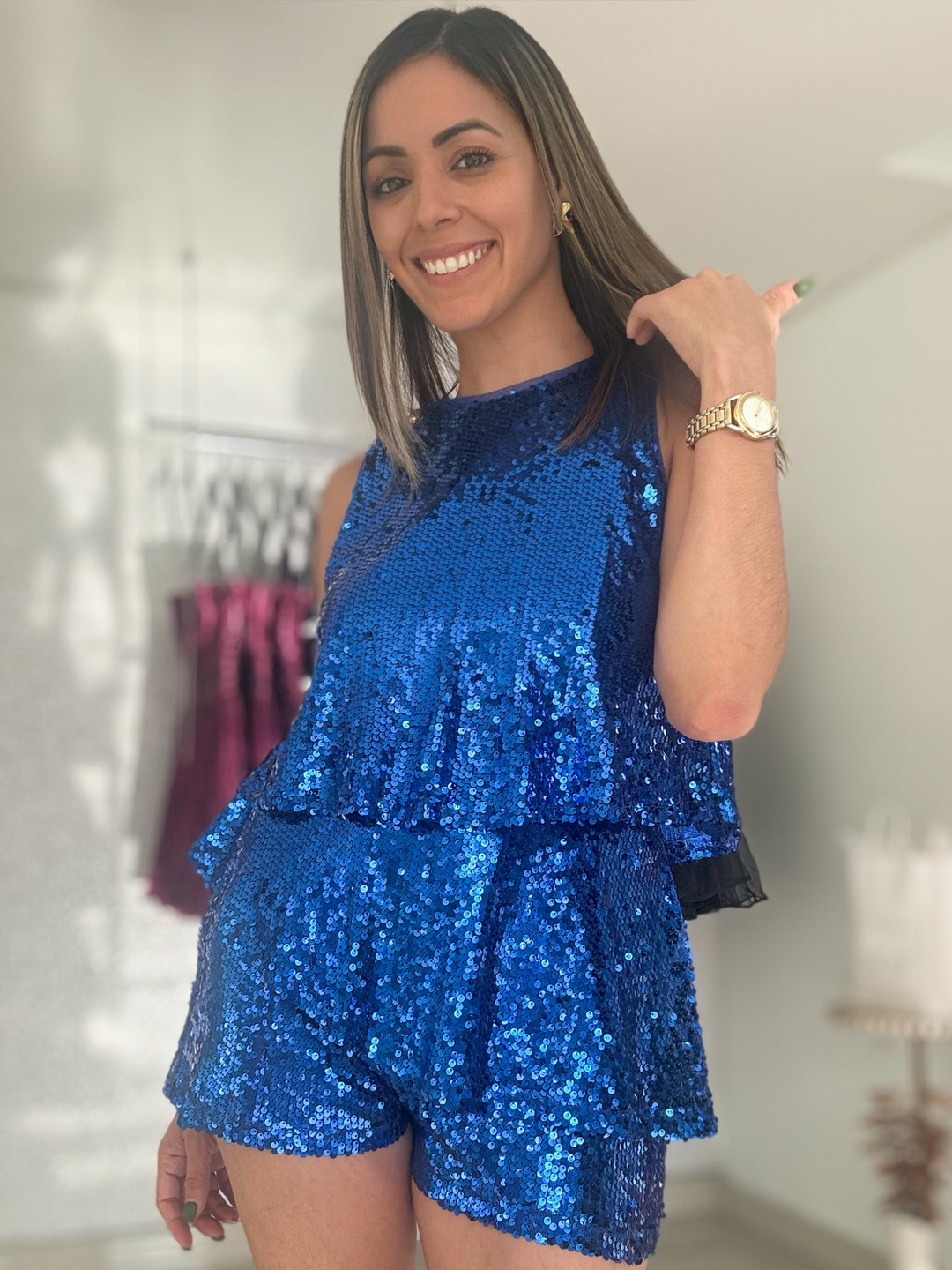 Royal Blue Sequins Ruffle Romper