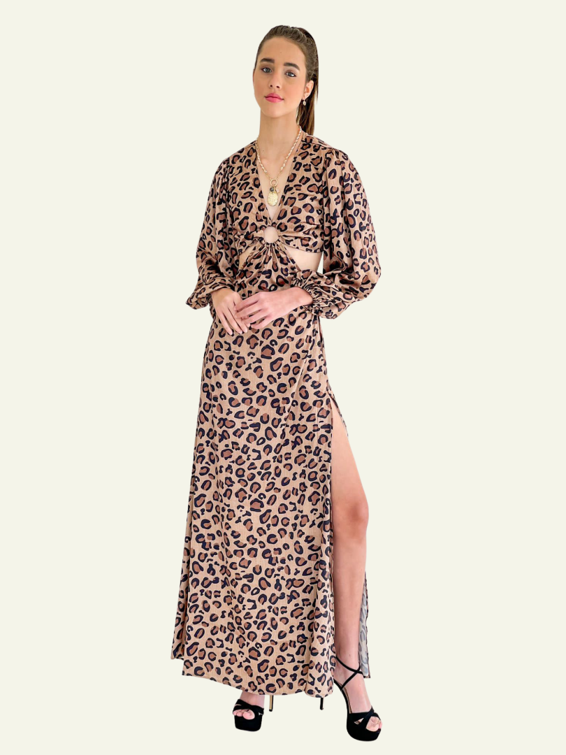 Leopard Cut-Out Maxi Satin Dress