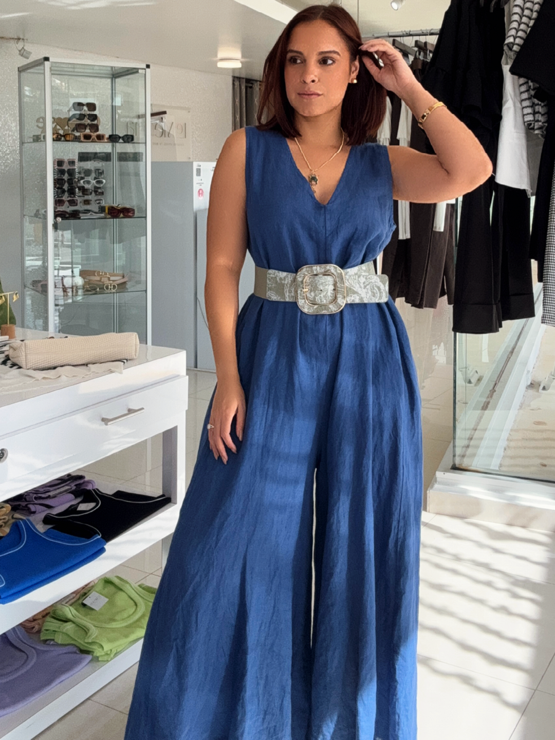 Italy Onesize Blue Linen Jumpsuit