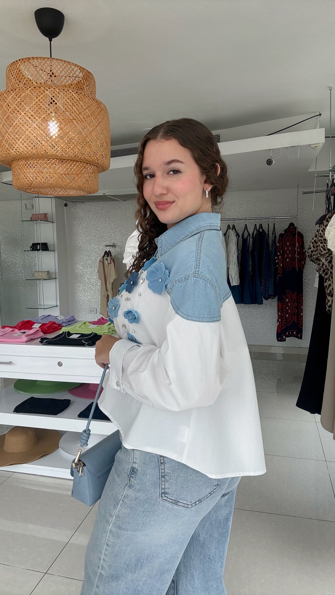 White & Denim Blue Flowers Top