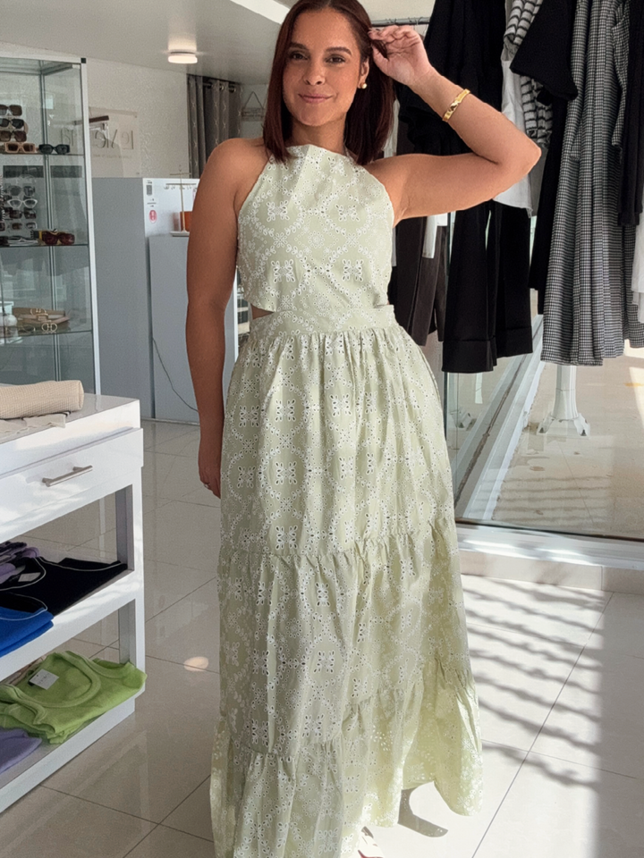 Light Green & White Eyelet Halter Maxi Dress