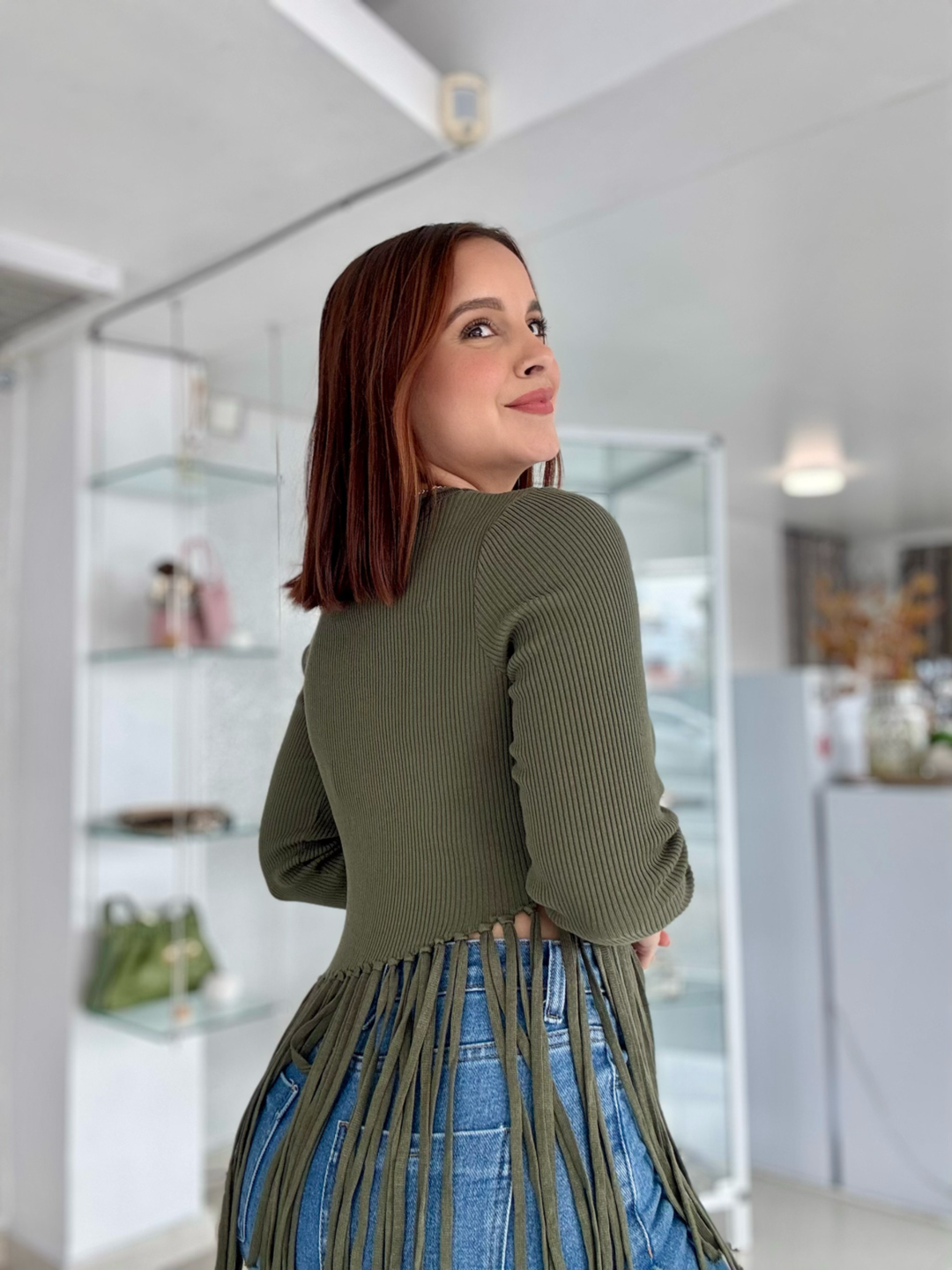 Long Sleeve Fringe Olive Top