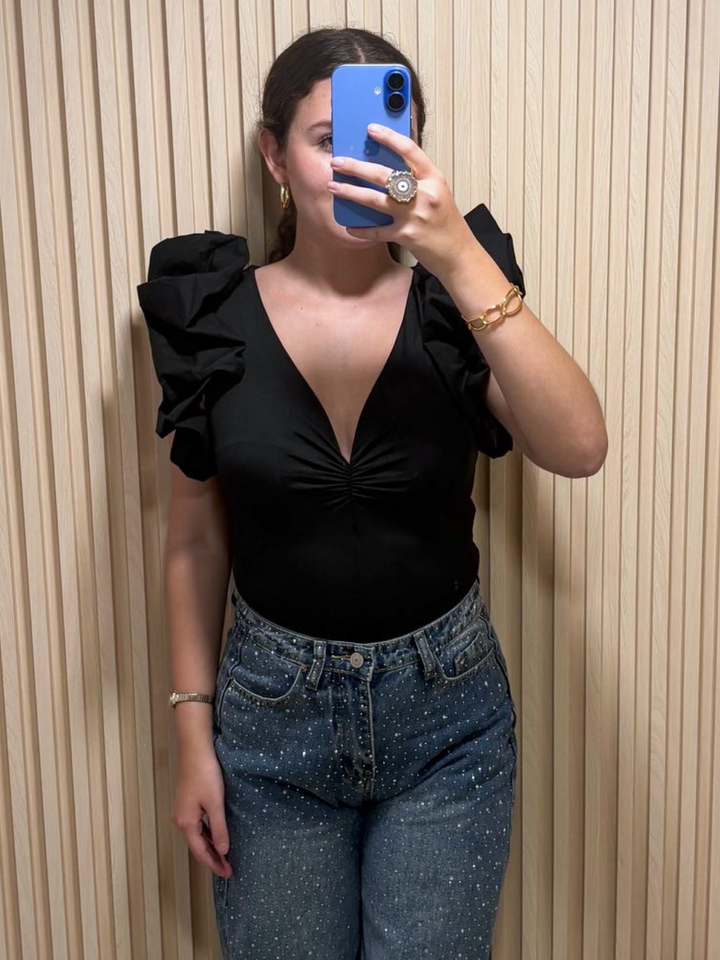 Black Ruffle Sleeves Body Suit