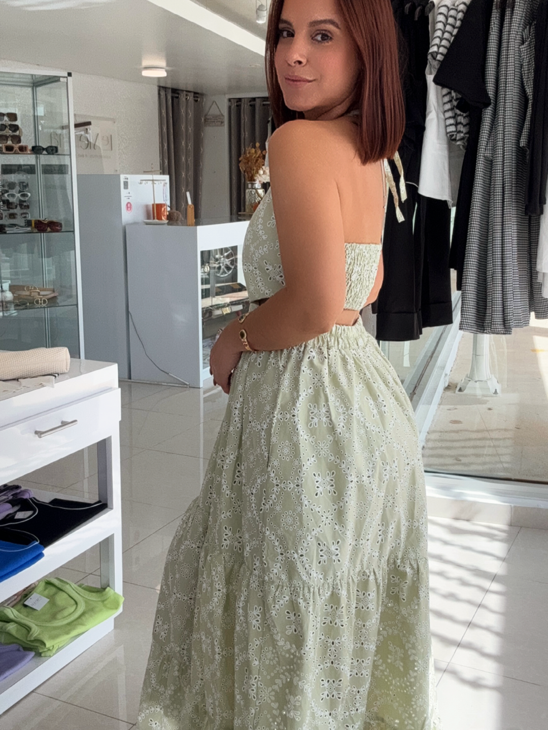 Light Green & White Eyelet Halter Maxi Dress