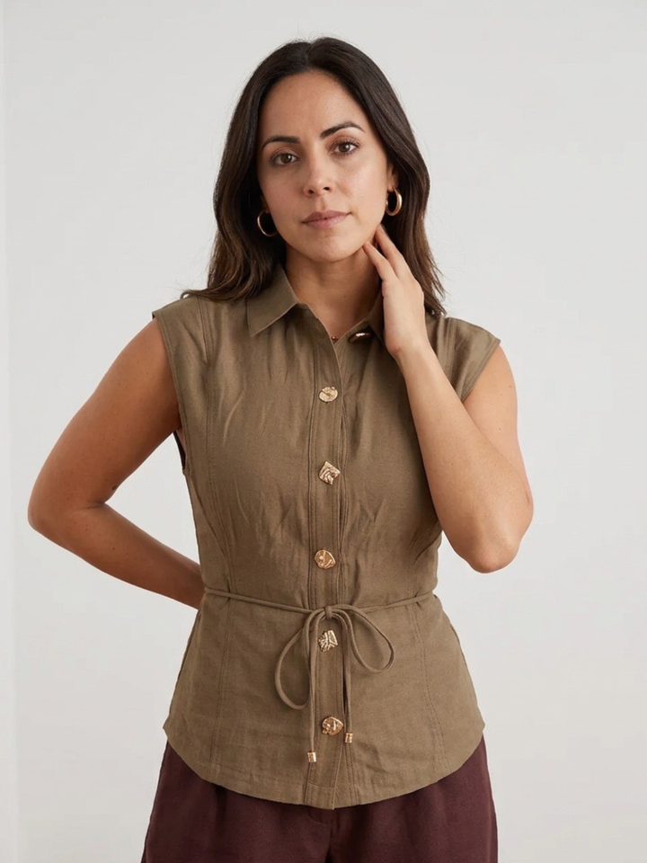 Sleeveless Choco Belted Button Front Top