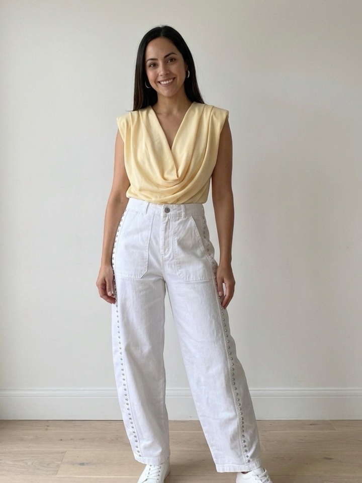 Italy Studs White Barrel Pant