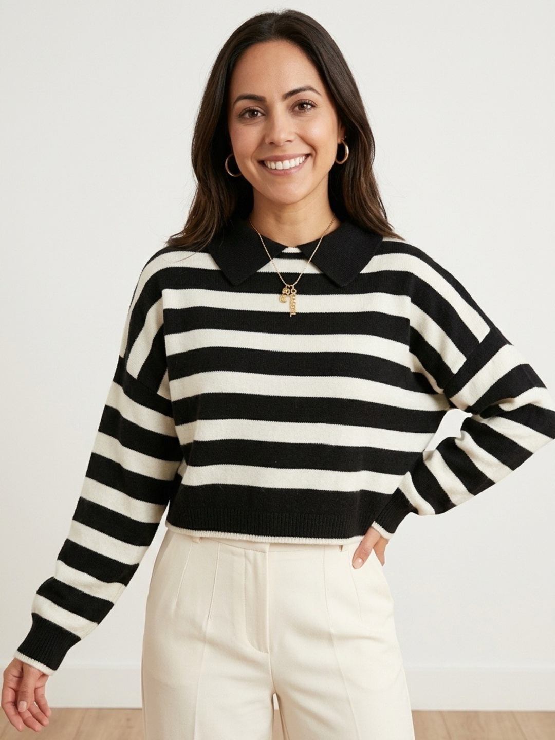 Black & Ivory Stripes Long Sleeve Blouse
