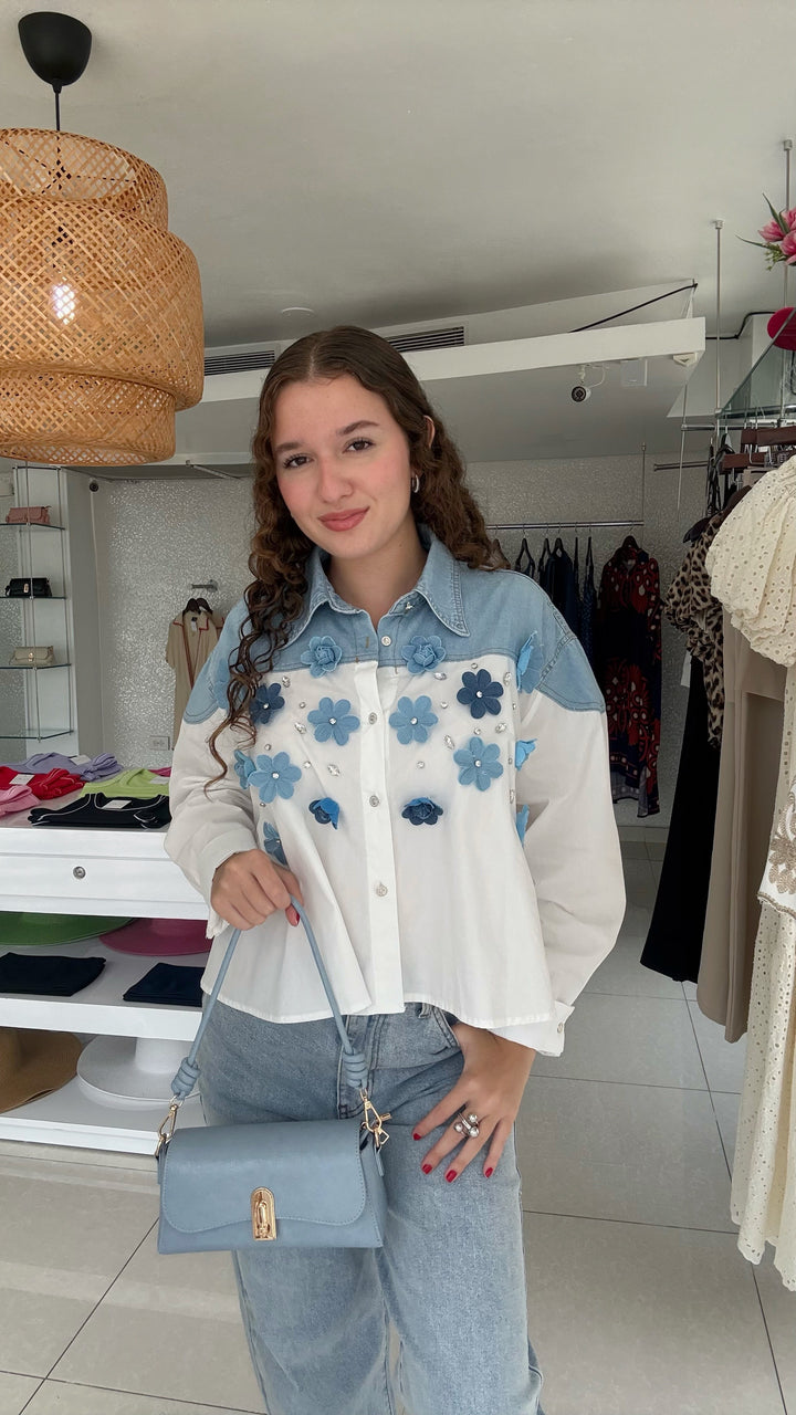 White & Denim Blue Flowers Top