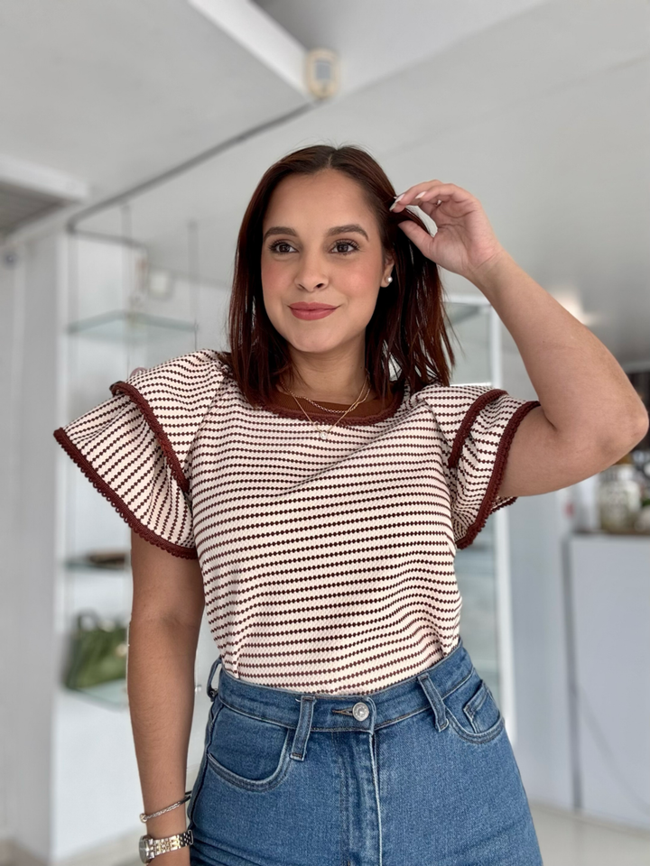 Ruffle Sleeve Ivory & Choco