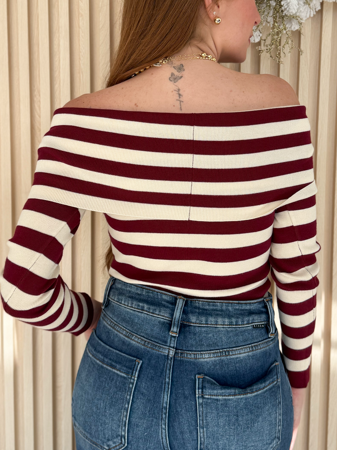 Burgundy & Ivory Stripes Strapless Top