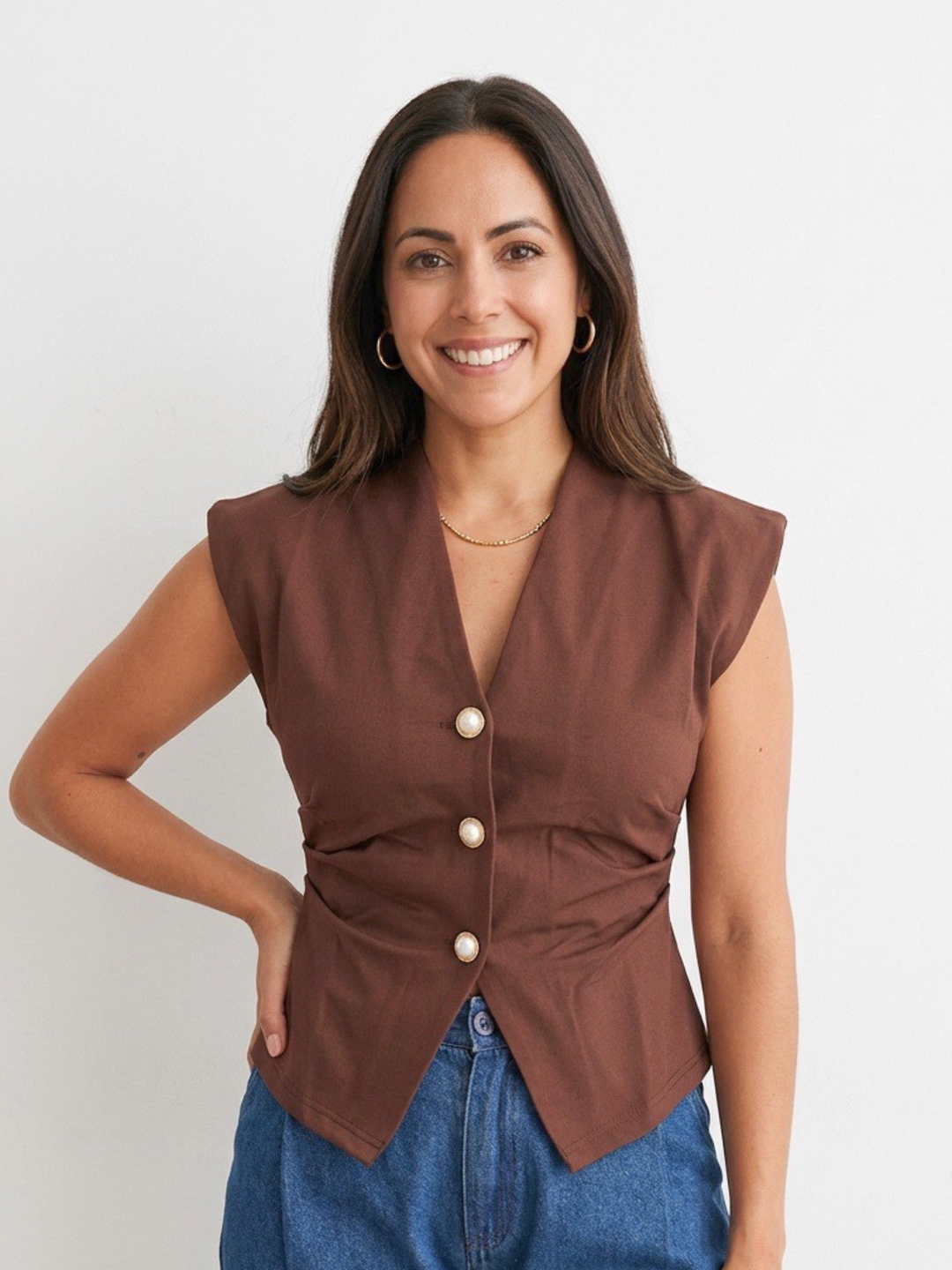 Elegant Chocolate Pearl Buttons Vest