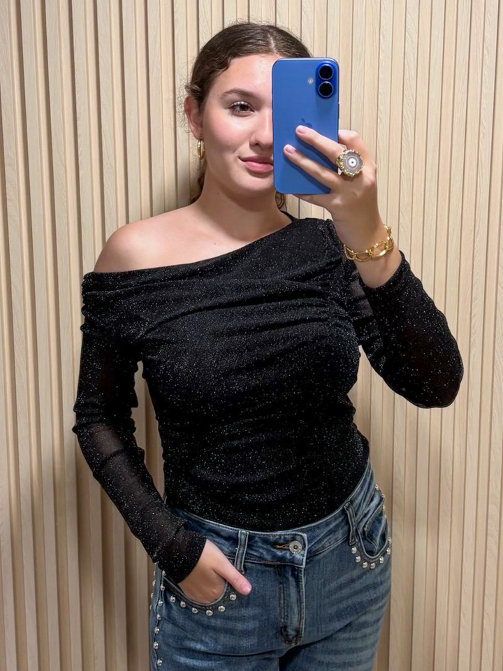 Black Shiny Long Sleeve Top