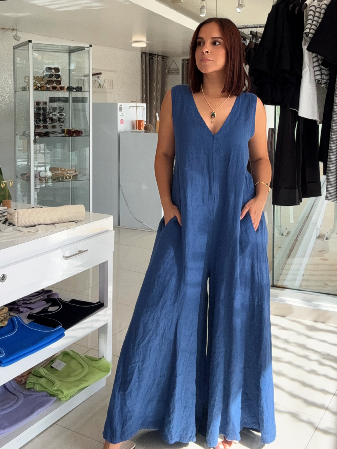 Italy Onesize Blue Linen Jumpsuit
