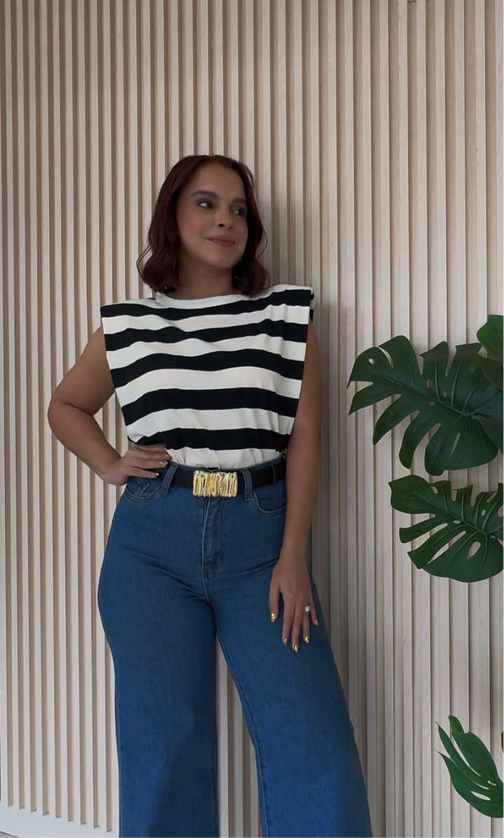Italy One Size Ivory & Black Stripes Top