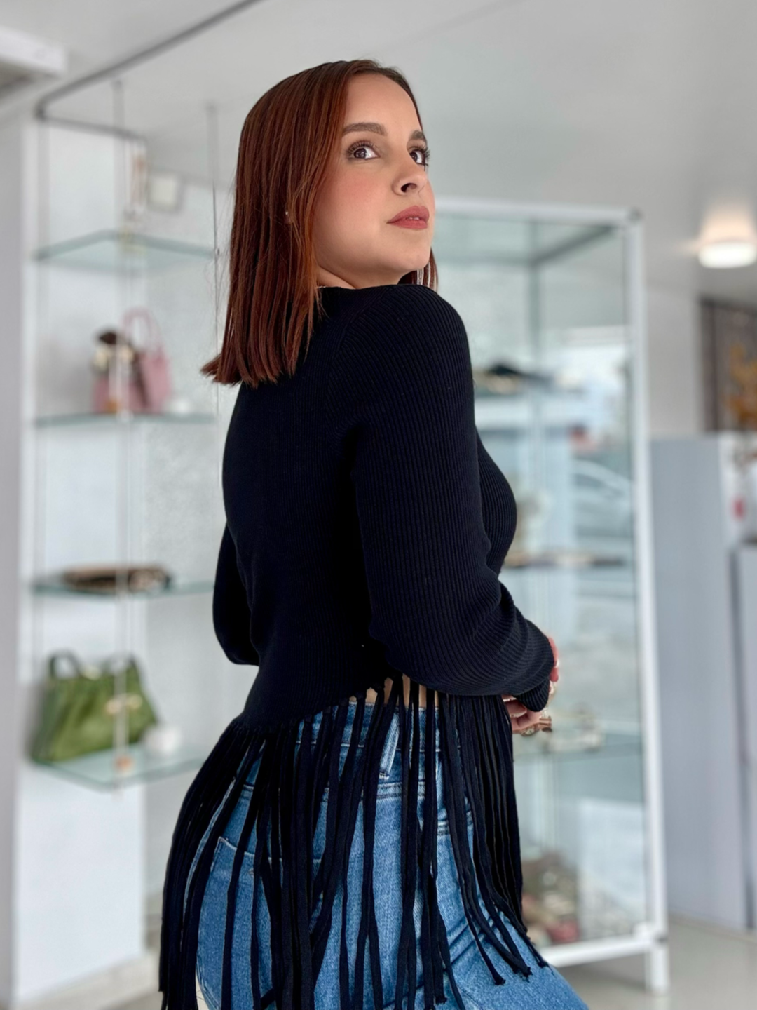 Long Sleeve Fringe Black Top