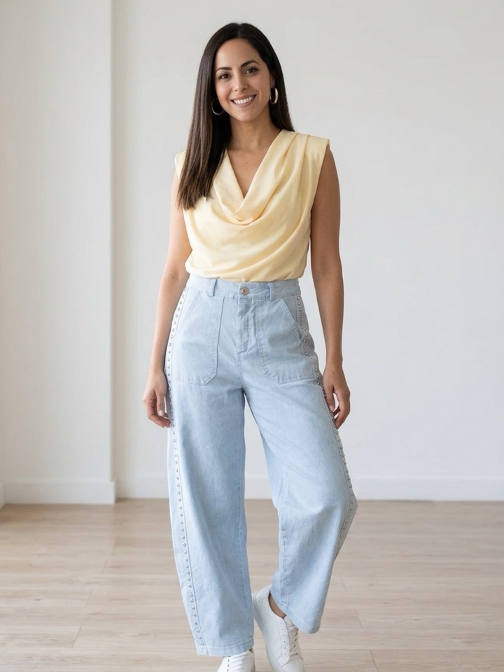 Italy Studs Light Blue Barrel Pant