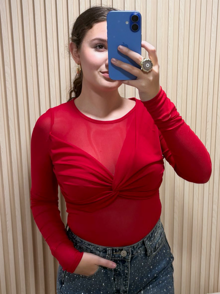 Red Long Sleeve Mesh Top