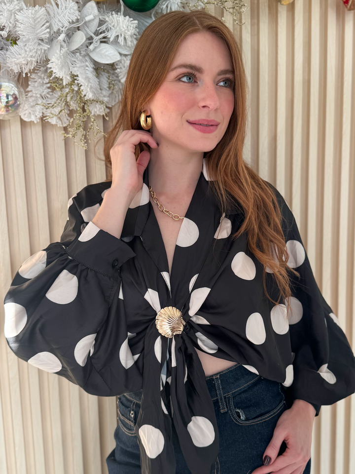 Long Sleeve Blouse Polka Dots Black & Ivory One Size