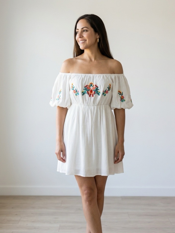 Floral Detail White Mini Dress