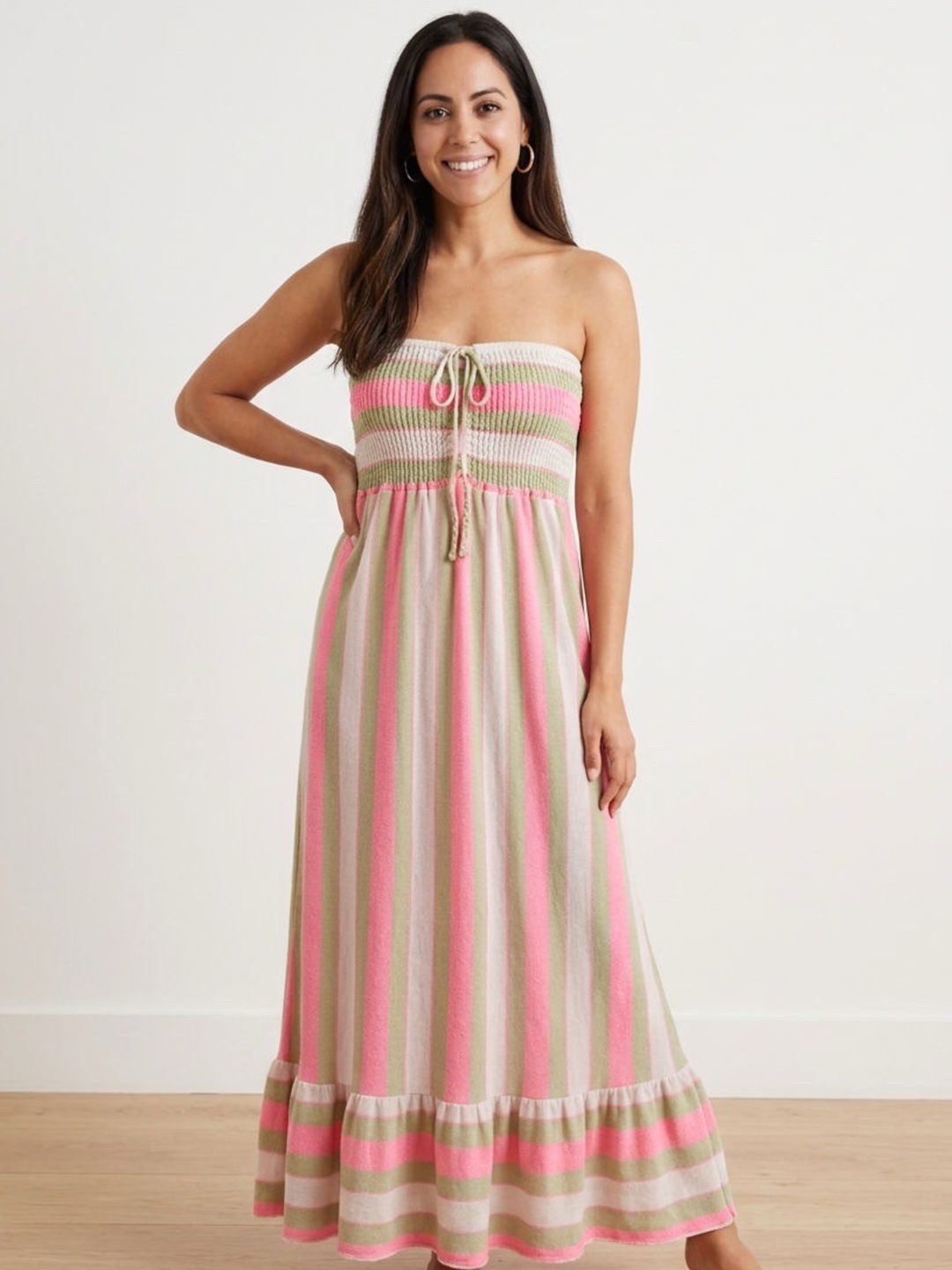 Pink & Olive Striped Smocked Maxi Dress