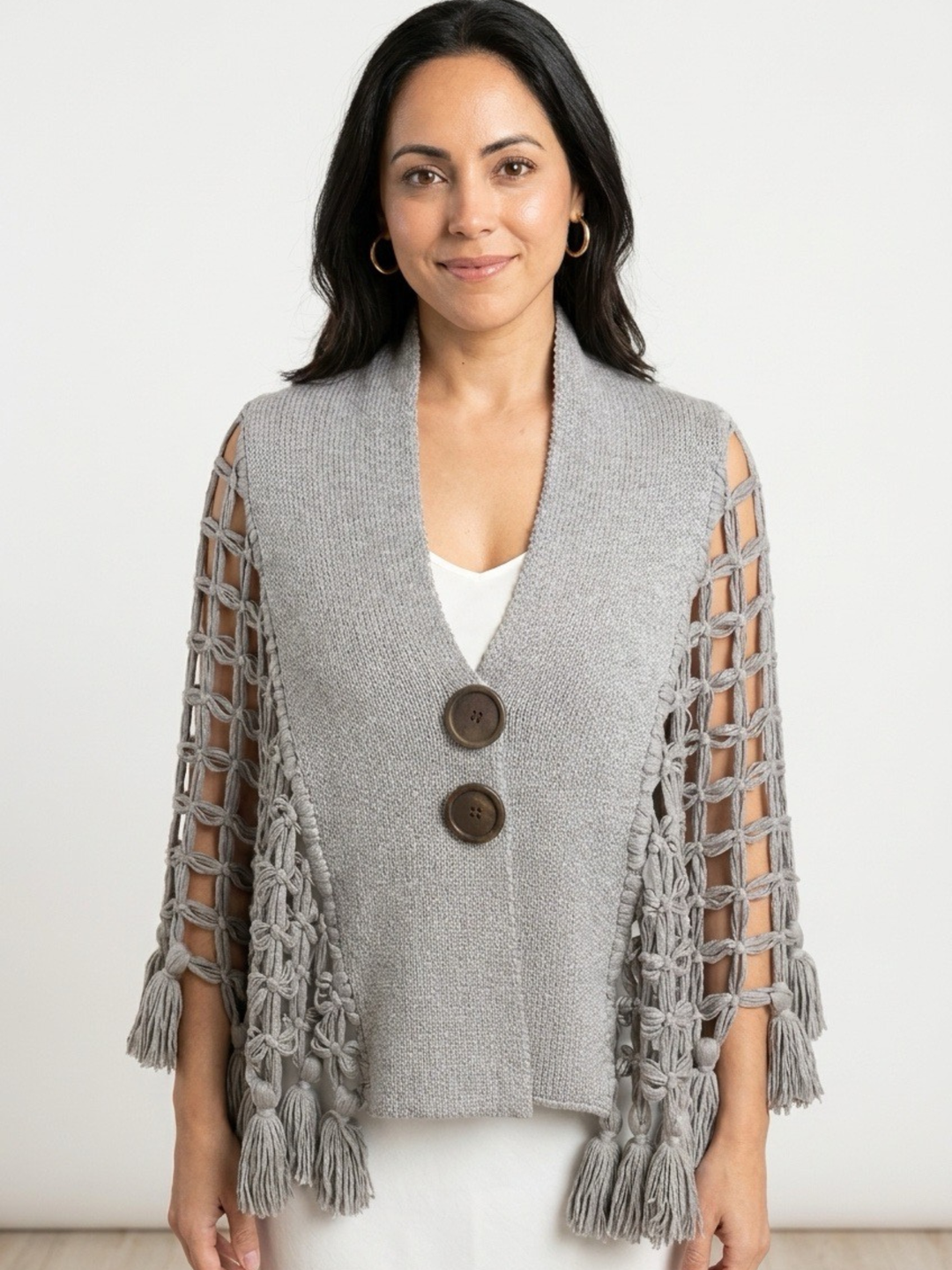 Macrame Grey Tassel Poncho