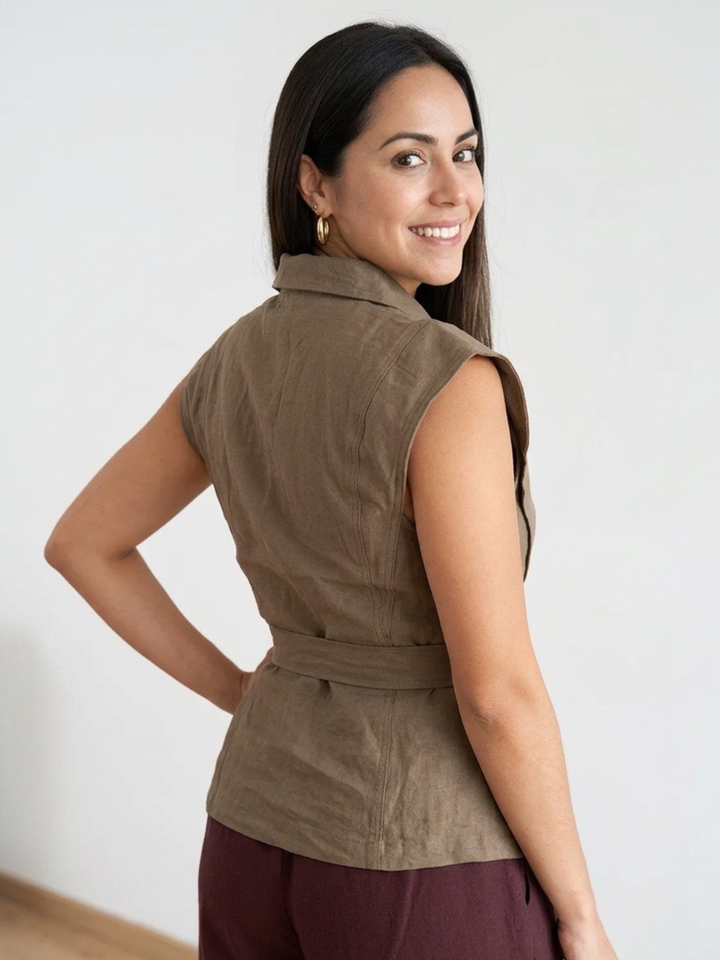 Sleeveless Choco Belted Button Front Top