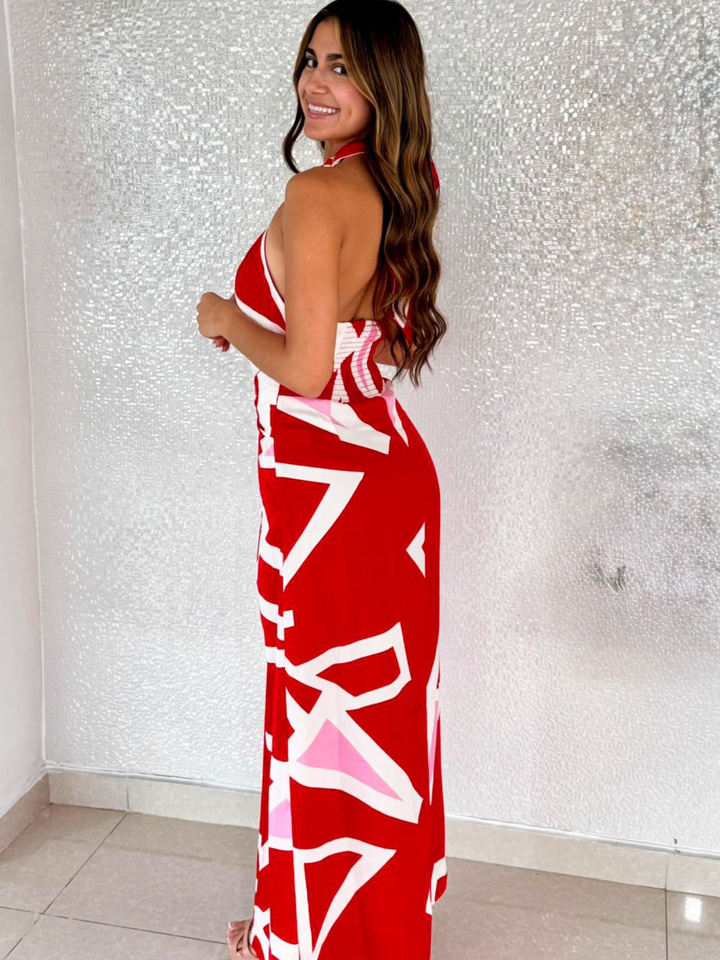Red & Pink Abstract Maxi Dress