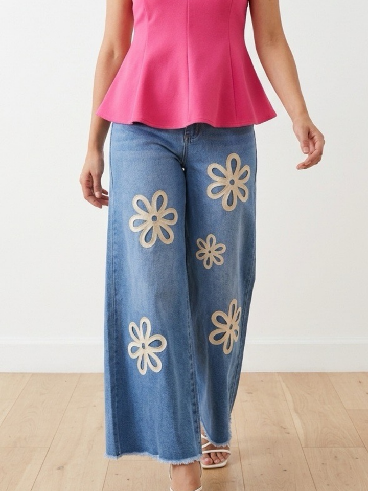 Italy Floral Details Wide Denim