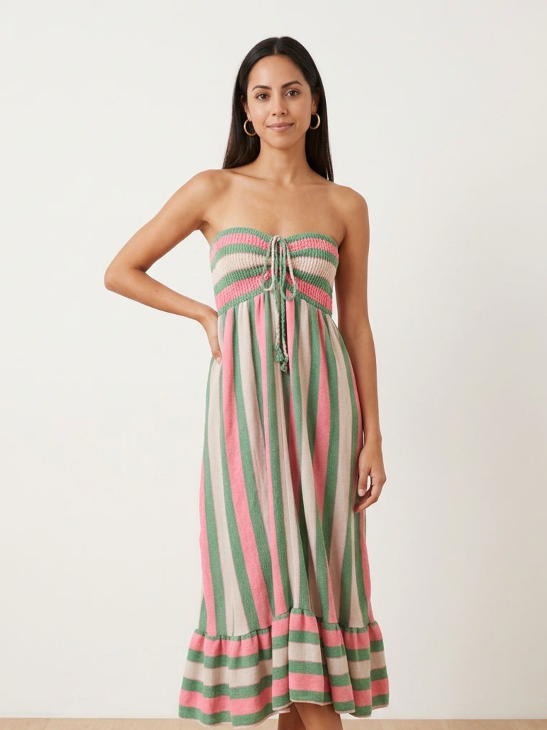 Pink & Green Striped Smocked Maxi Dress