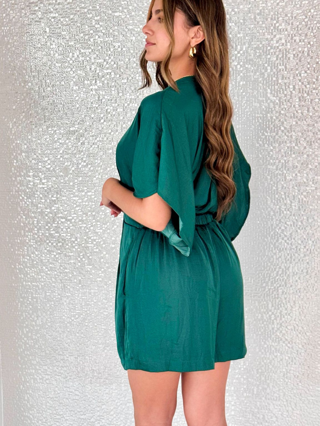 Green Forest V Neck Satin Romper