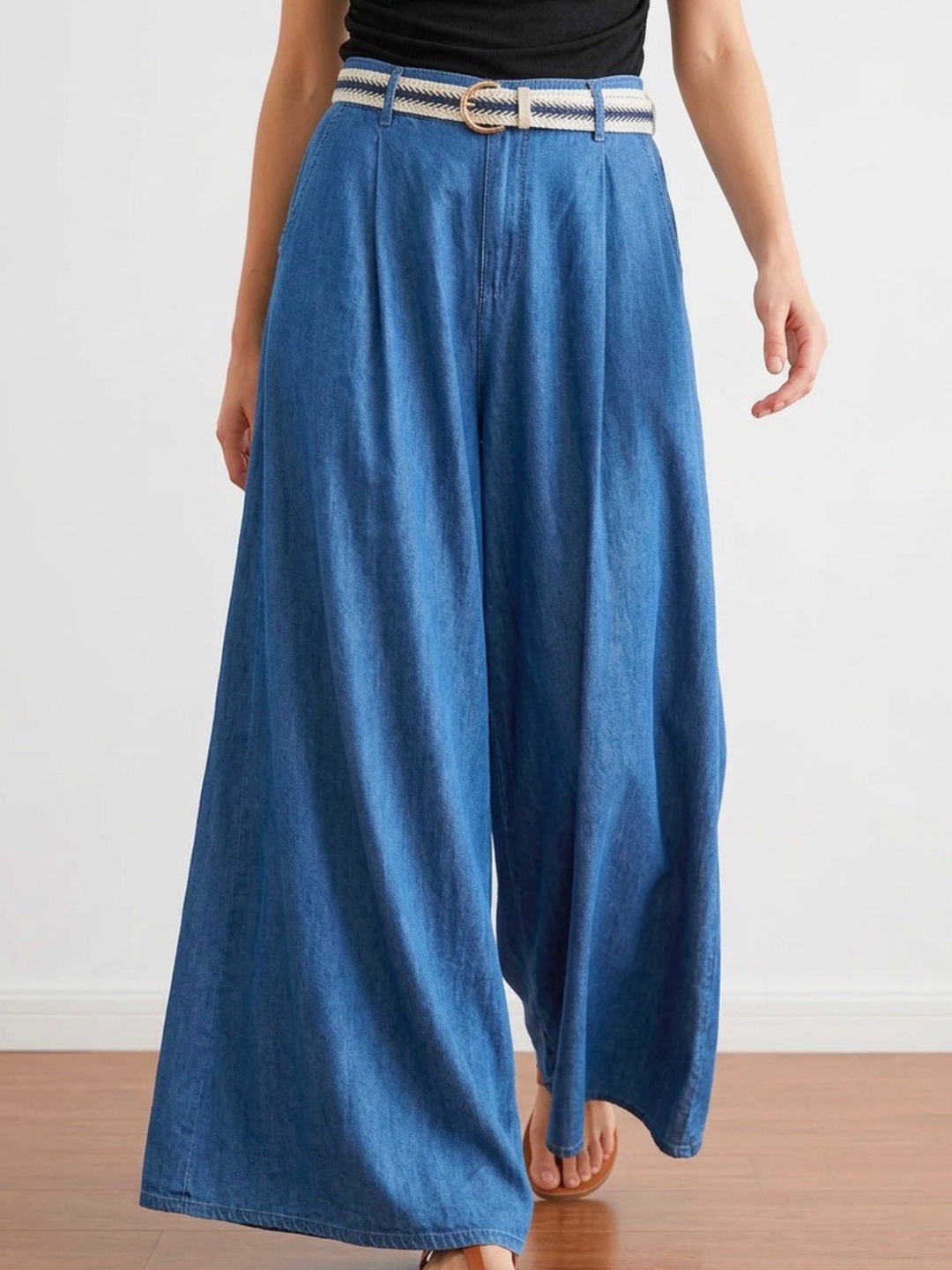 Italy Denim Belted Palazzo