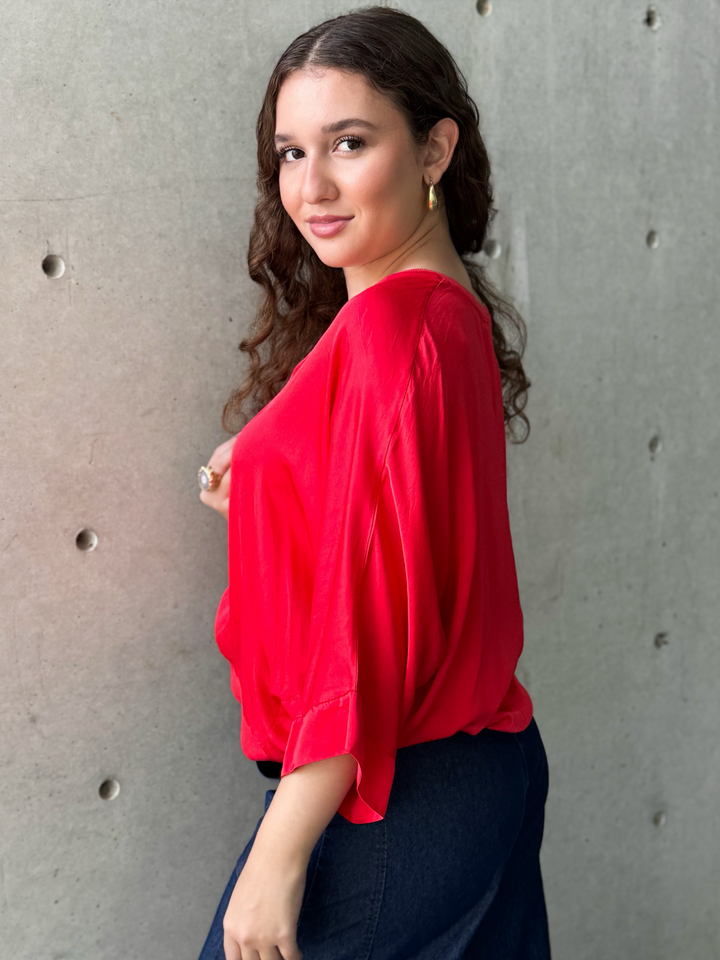 Satin V-Neck Oversized Blouse Red