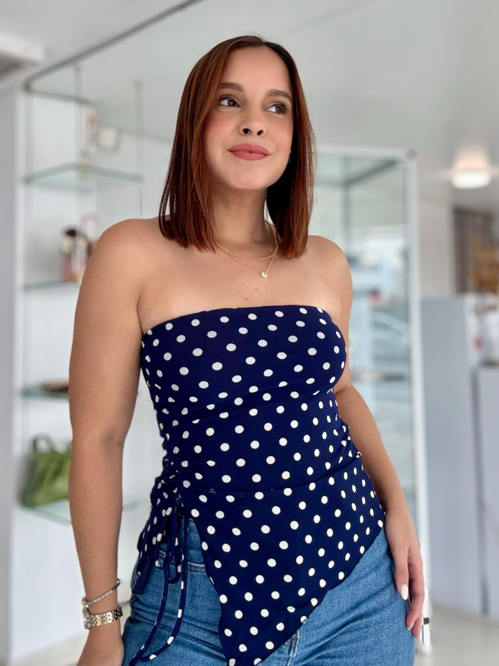 Navy Strapless Polka Dots Top