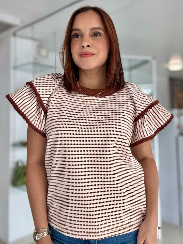 Ruffle Sleeve Ivory & Choco