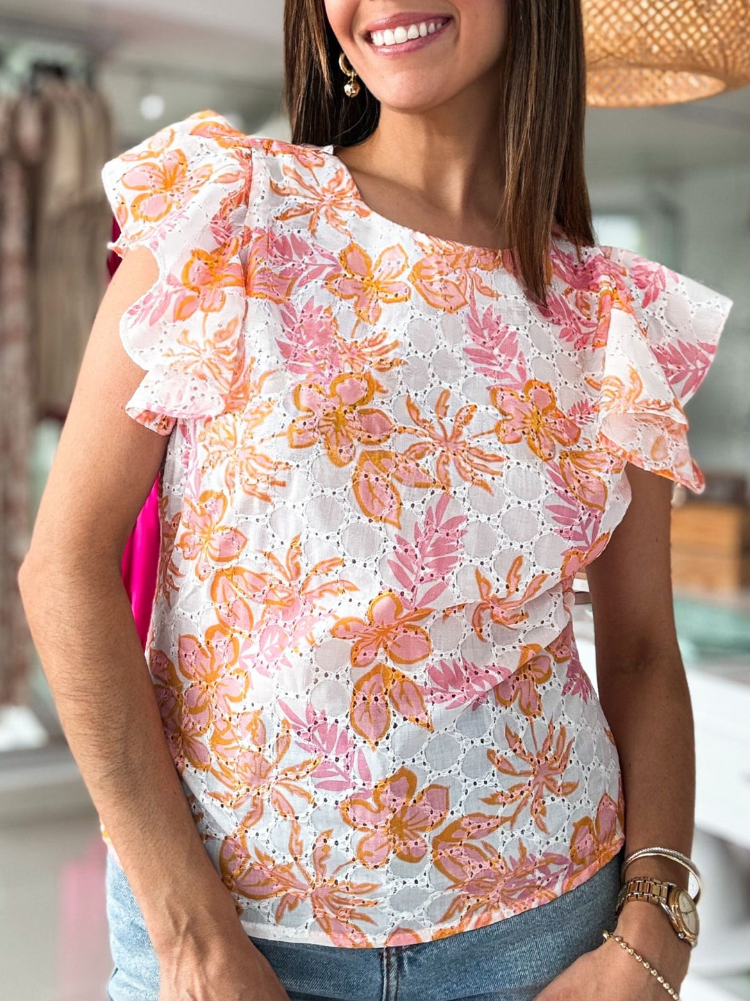 Pink and Orange Floral Lace Top