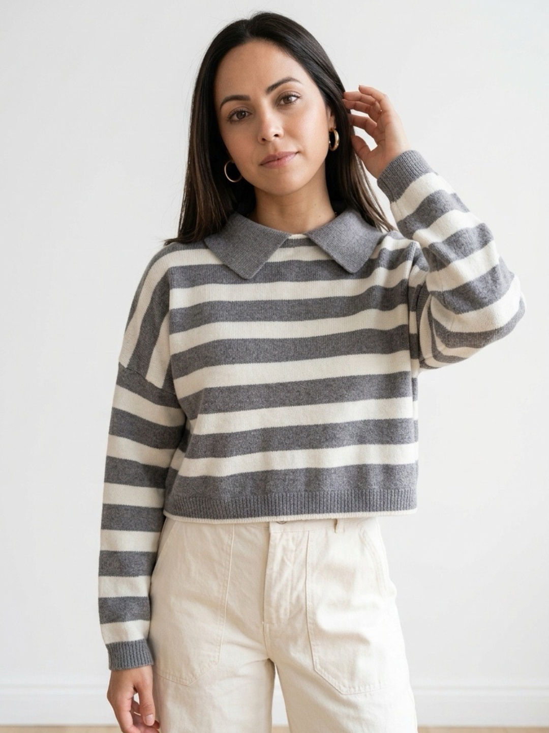 Grey & Ivory Stripes Long Sleeve Blouse