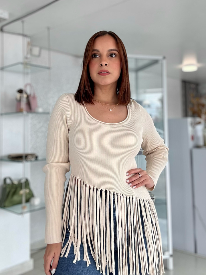 Long Sleeve Fringe Ivory Top