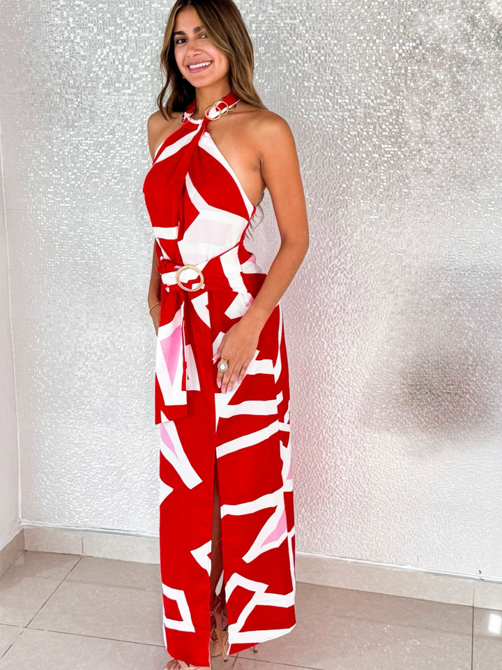 Red & Pink Abstract Maxi Dress