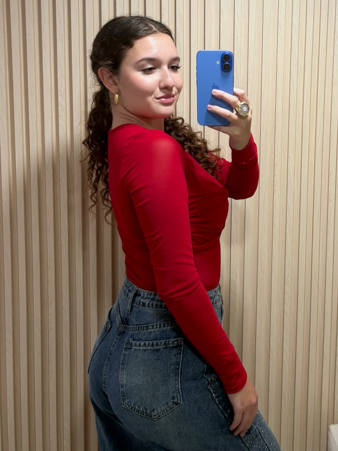 Red Long Sleeve Mesh Top