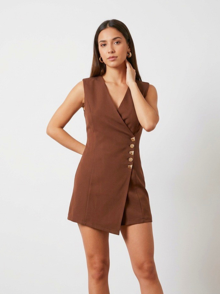 V Neck Brown Romper