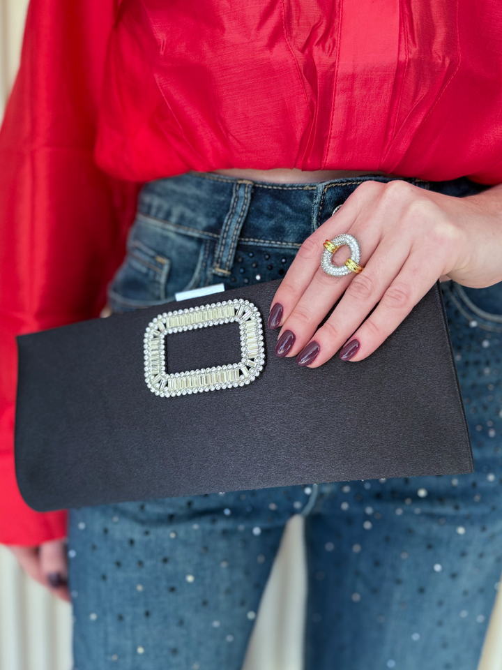 Black Satin Crystal Clutch