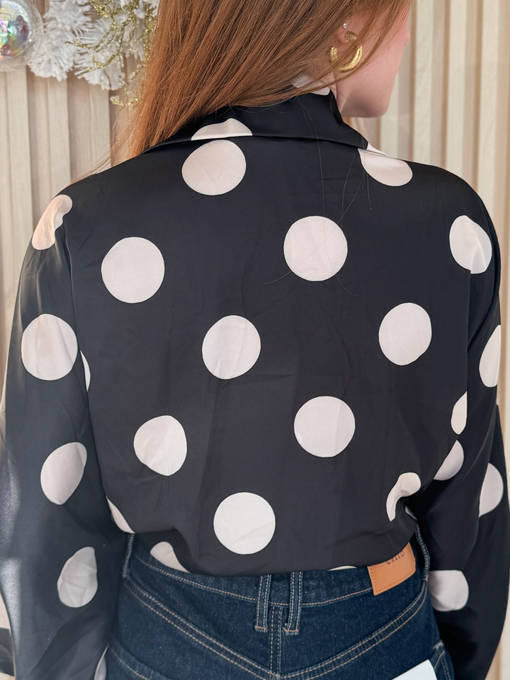 Long Sleeve Blouse Polka Dots Black & Ivory One Size