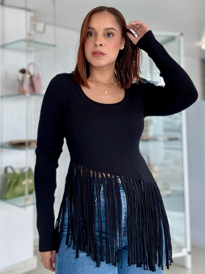 Long Sleeve Fringe Black Top