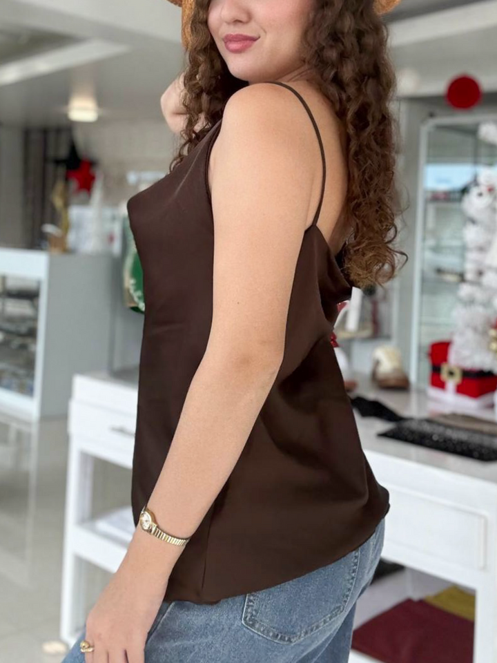 Cowl Neck Satin Brown Top