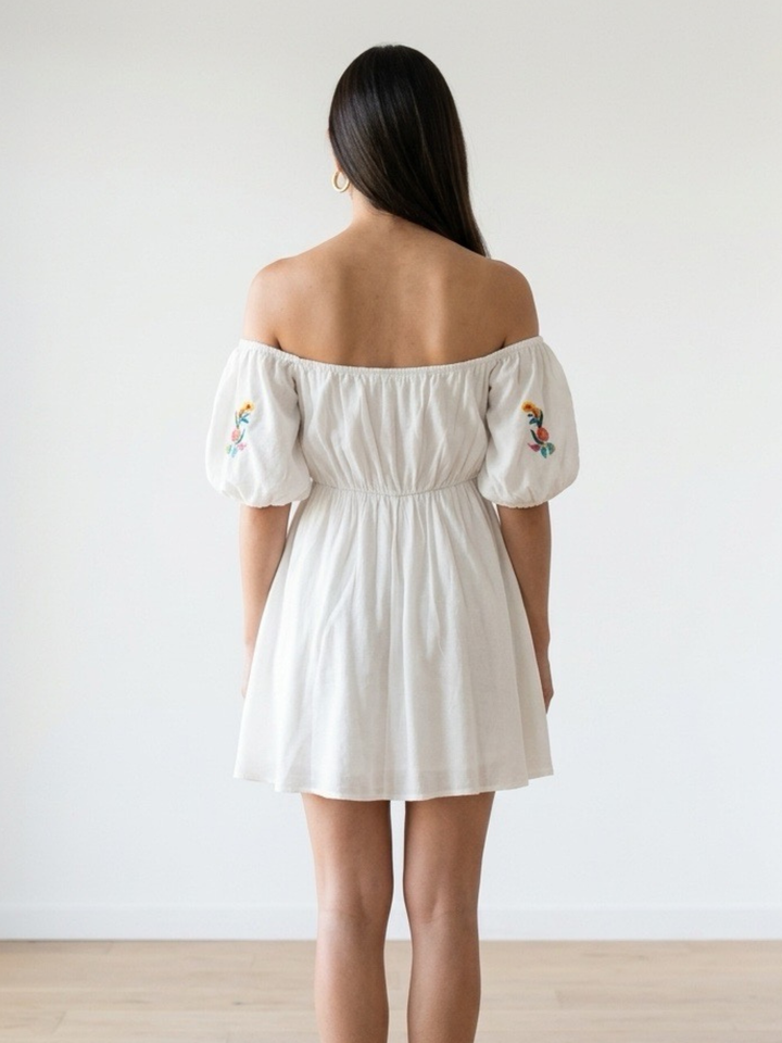 Floral Detail White Mini Dress