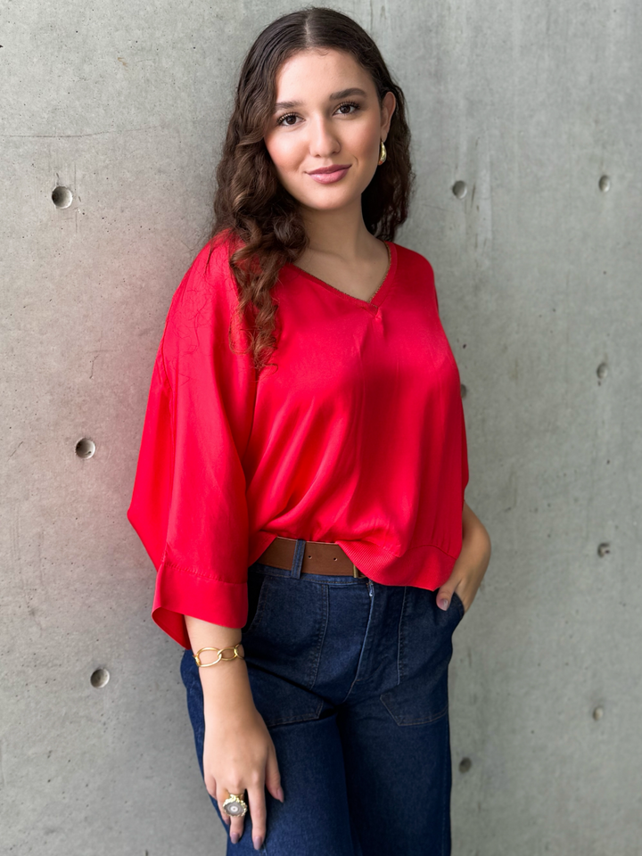 Satin V-Neck Oversized Blouse Red