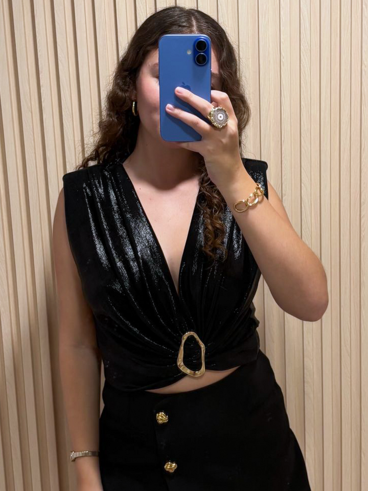Italy One Size Black Metallic Crop Top